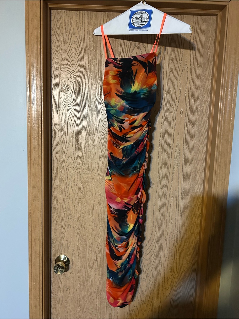 Fashion Nova Orange Multicolor Ruched Midi Dress